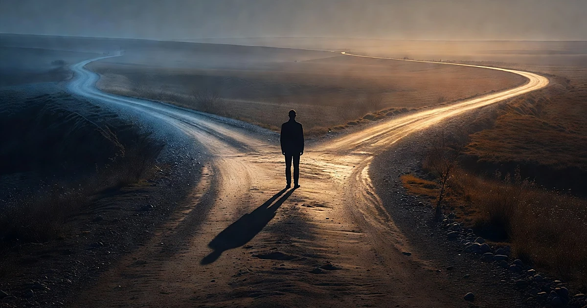 Silhouetted person at crossroads between two diverging paths lit in contrasting blue and amber light