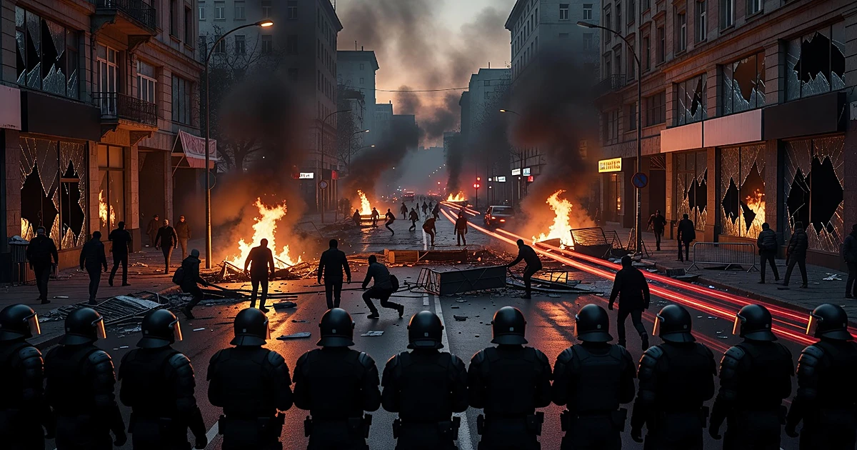 Silhouetted riot police face burning street debris and scattered protesters in smoky urban scene at dusk