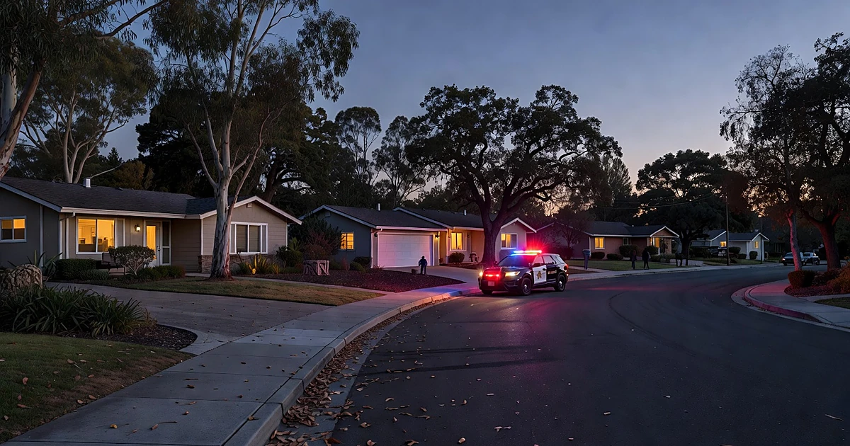 Sheriff patrol car with emergency lights on a quiet suburban street at dusk in Marin County