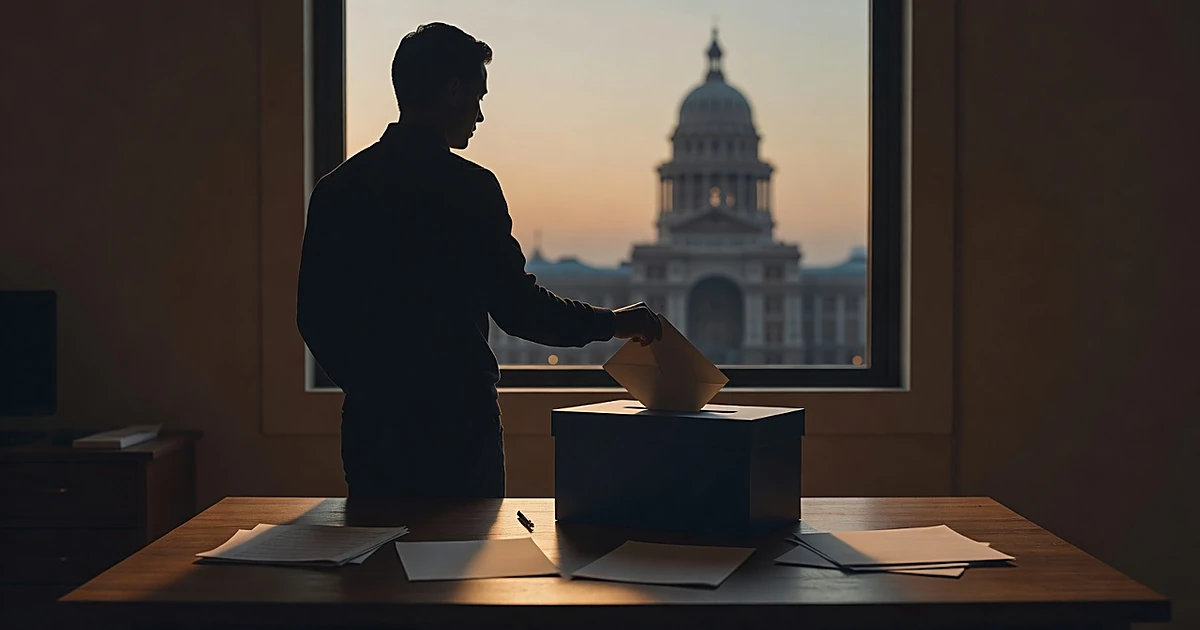 Silhouette placing envelope in box with Texas capitol dome visible through window at dusk