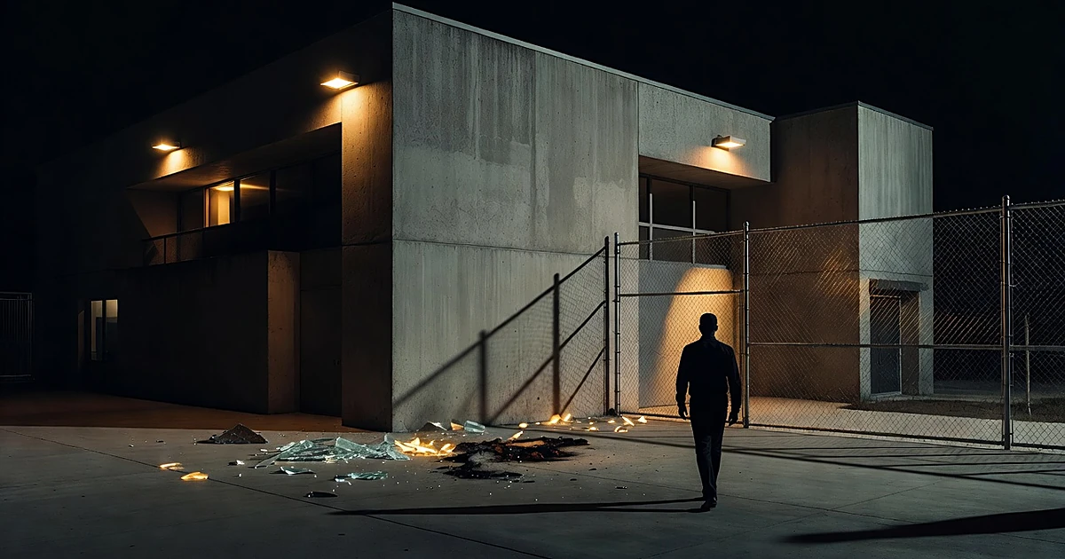 Silhouetted figure approaching institutional building at night with security lighting and damage visible on ground