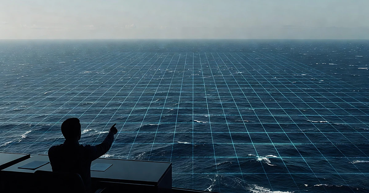 Aerial view of ocean with translucent digital grid overlay and silhouetted figure at desk gesturing toward water