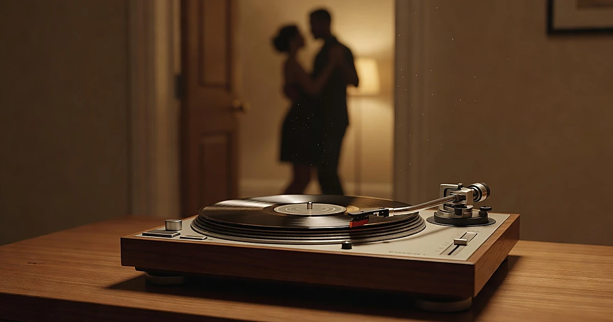 Turntable playing vinyl record in warm-lit room with silhouettes of couple slow-dancing in background doorway