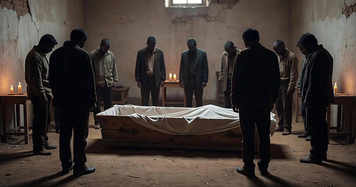 Open wooden coffin surrounded by silhouetted figures in a candlelit rural room