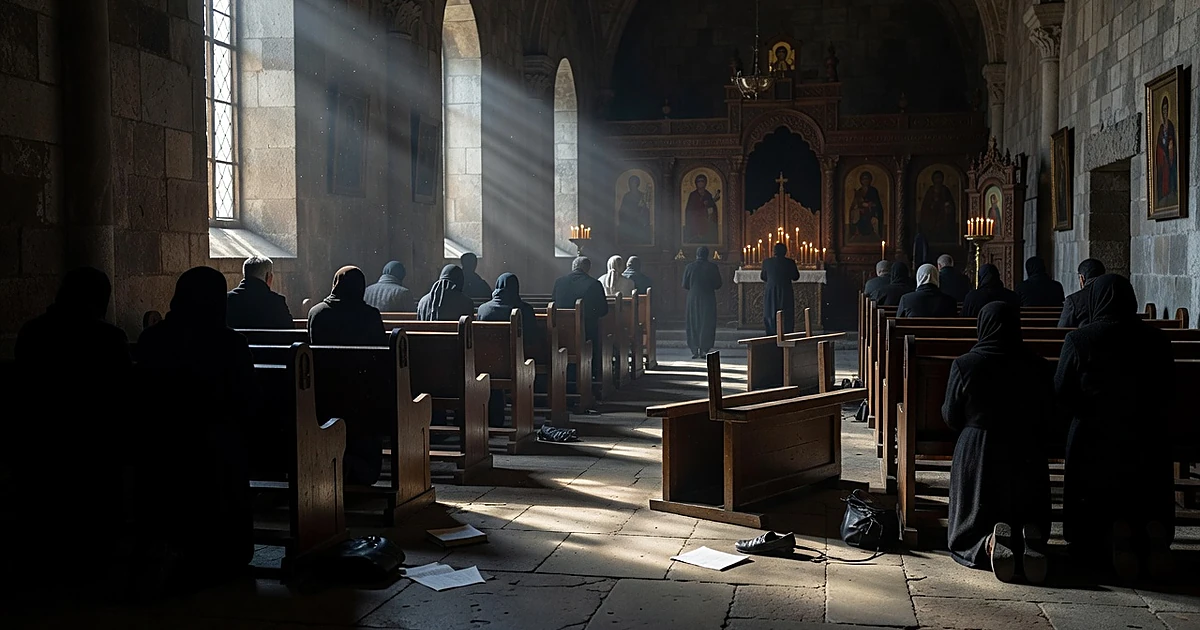Silhouetted mourners from behind in Orthodox church interior with overturned chairs and scattered belongings