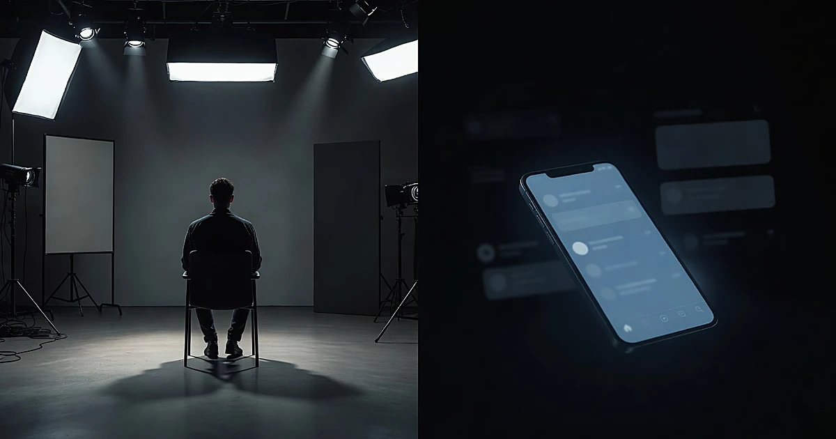Split scene: TV studio interview silhouette on left, glowing mobile device with social media interface on right