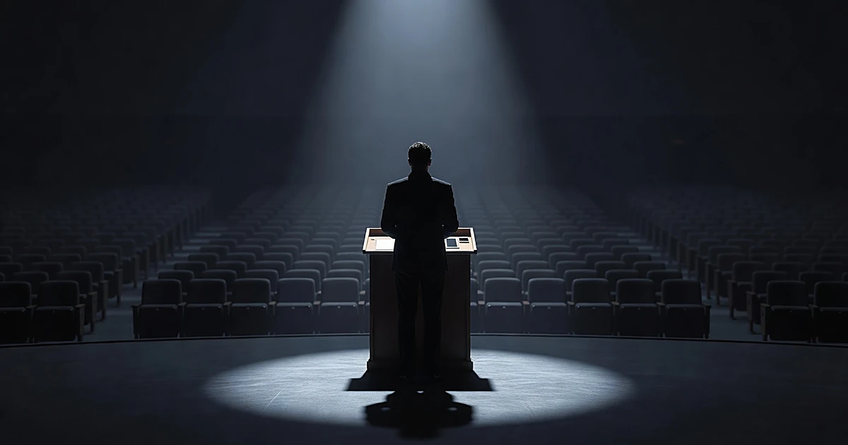 Silhouetted figure at podium addressing empty auditorium with spotlight from above in dim blue-gray lighting