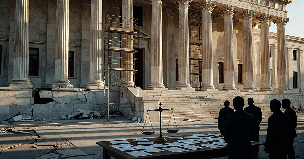 Classical building with columns under renovation, silhouetted figures at table with balance scale in foreground