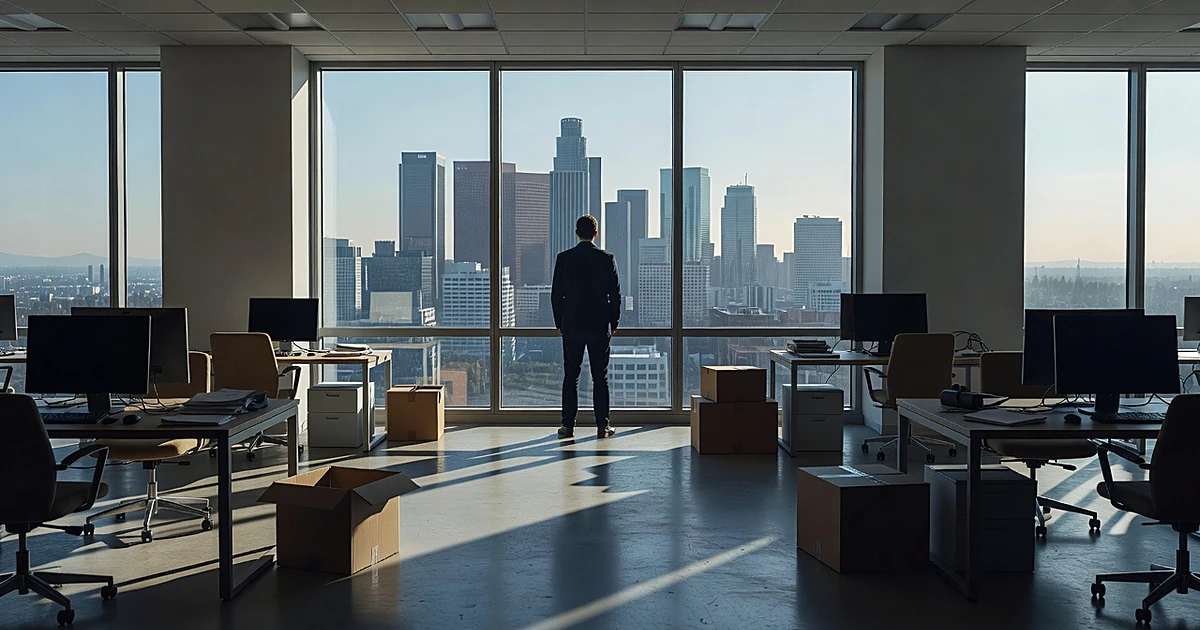Empty office with moving boxes and silhouetted figure looking out window at Los Angeles skyline
