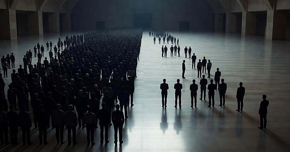 Silhouetted groups of people in architectural space showing 70-30 proportional division