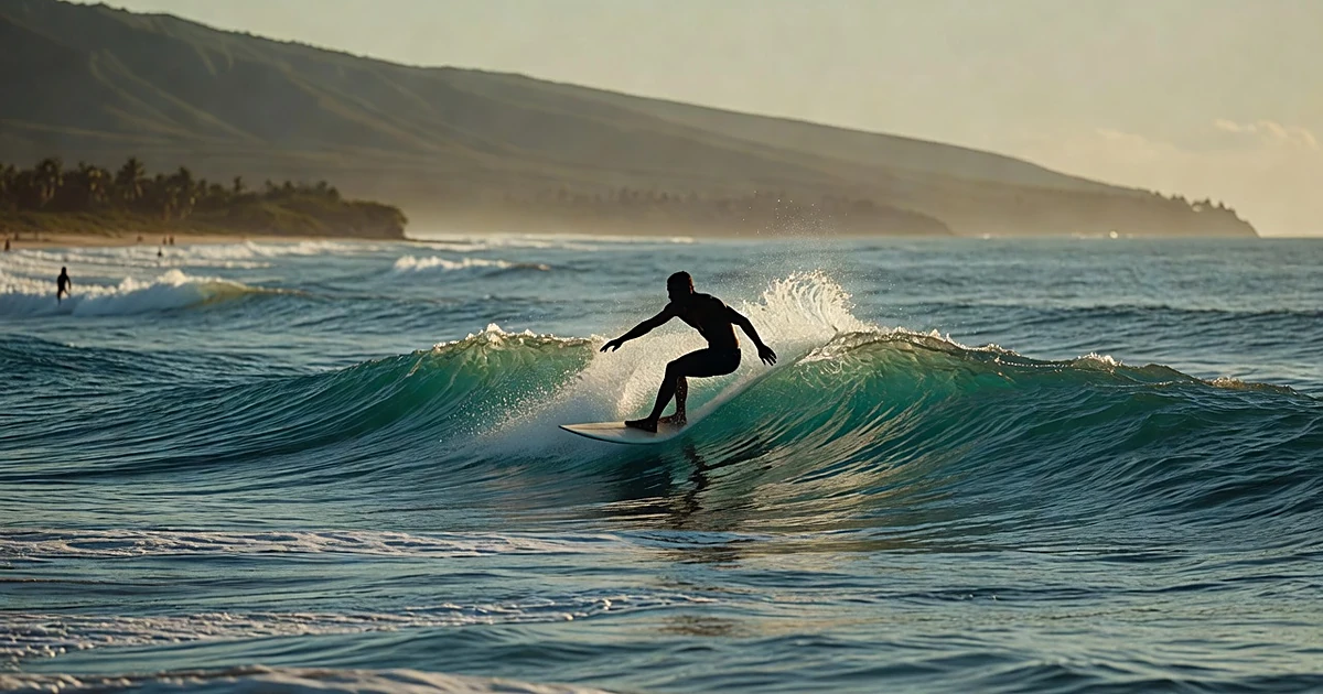 Silhouetted surfer performing low radical turn on Hawaiian wave with misty mountains in background