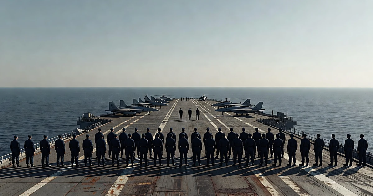 Silhouettes of military personnel standing on aircraft carrier deck surrounded by ocean