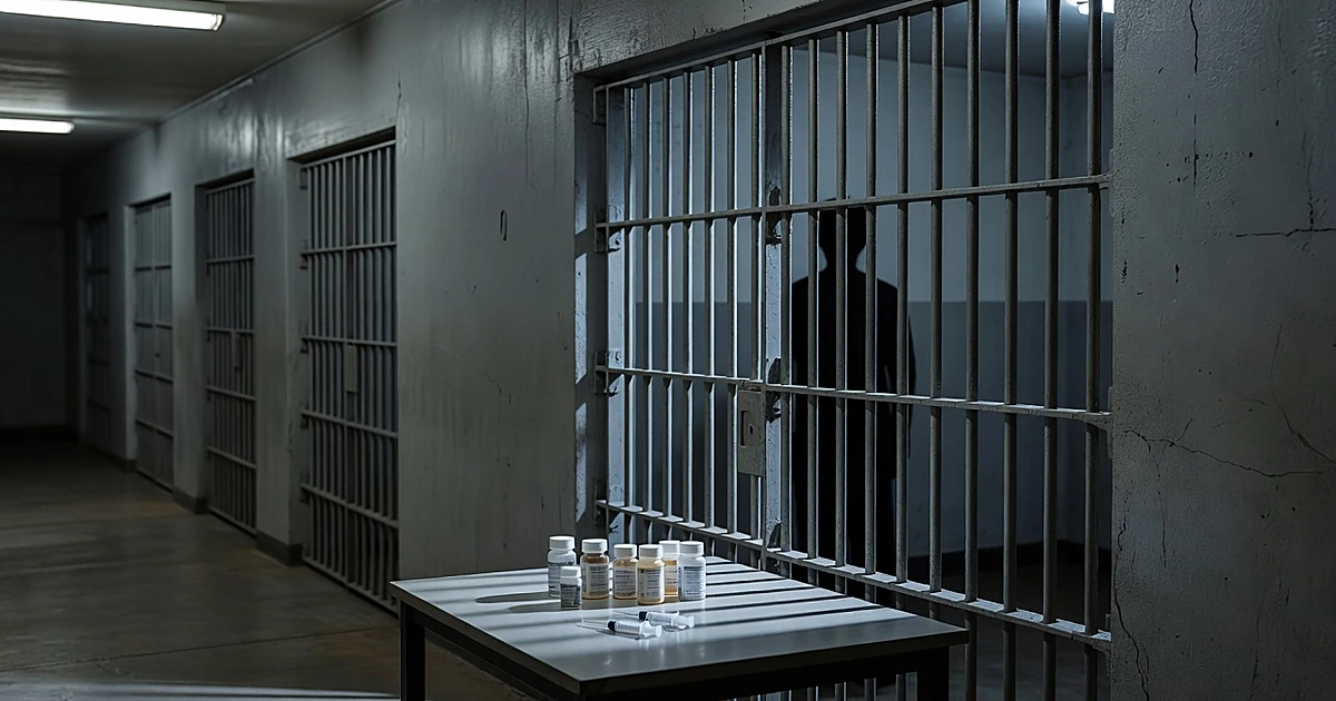 Silhouetted inmate behind prison bars with medical supplies on table in institutional corridor