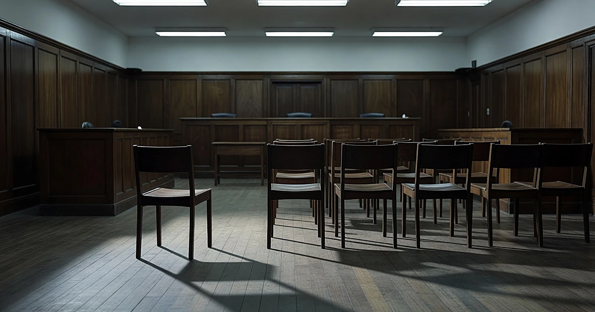 Empty jury box with one chair separated from eleven others, symbolizing a holdout juror's isolation