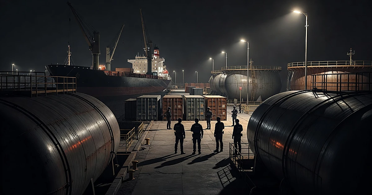 Industrial port at night with fuel storage tanks and silhouetted agents near sealed containers beside a cargo vessel