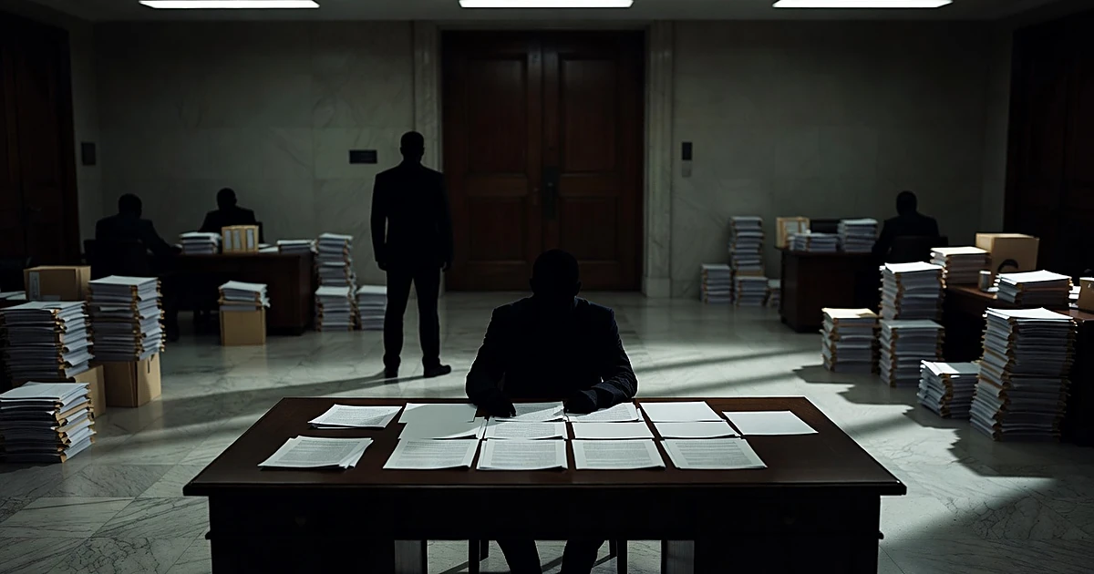 Silhouetted figures examining documents in a government building with dramatic overhead lighting