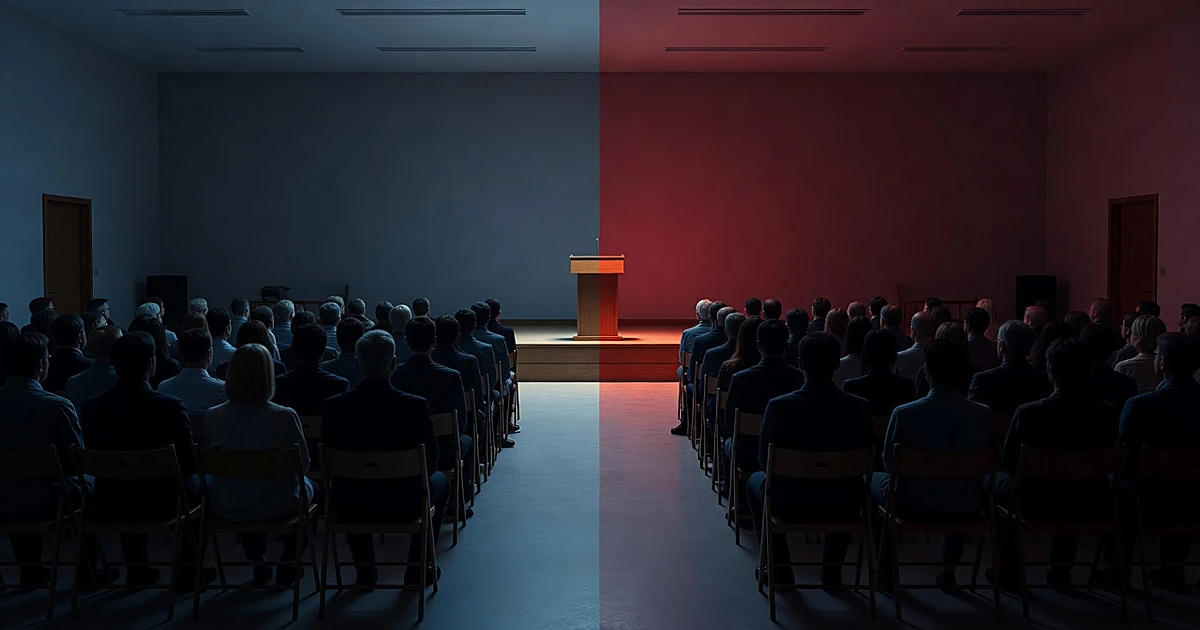 Empty podium on stage with audience silhouettes, room split by contrasting blue and red lighting showing division