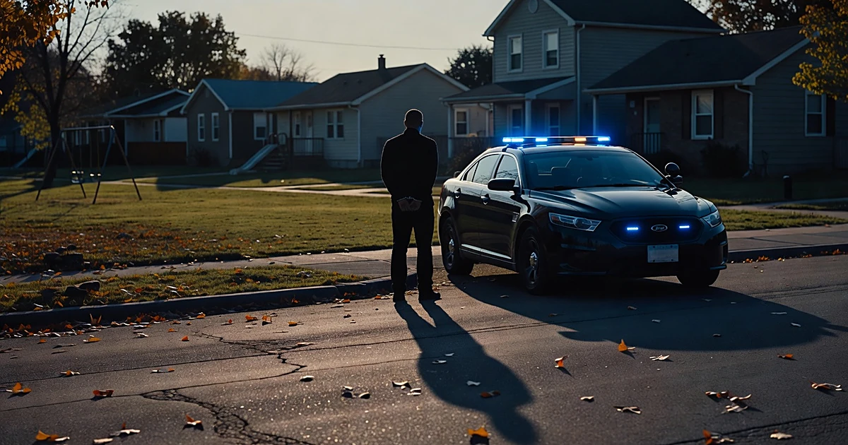 Silhouetted person in handcuffs near government vehicle on suburban street with houses and park in background
