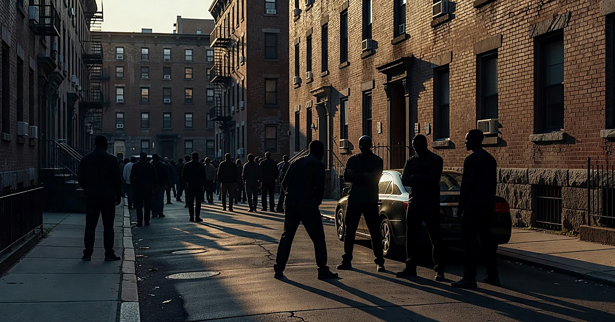 Silhouetted figures in tense standoff on Bronx street with crowd gathering in background at late afternoon