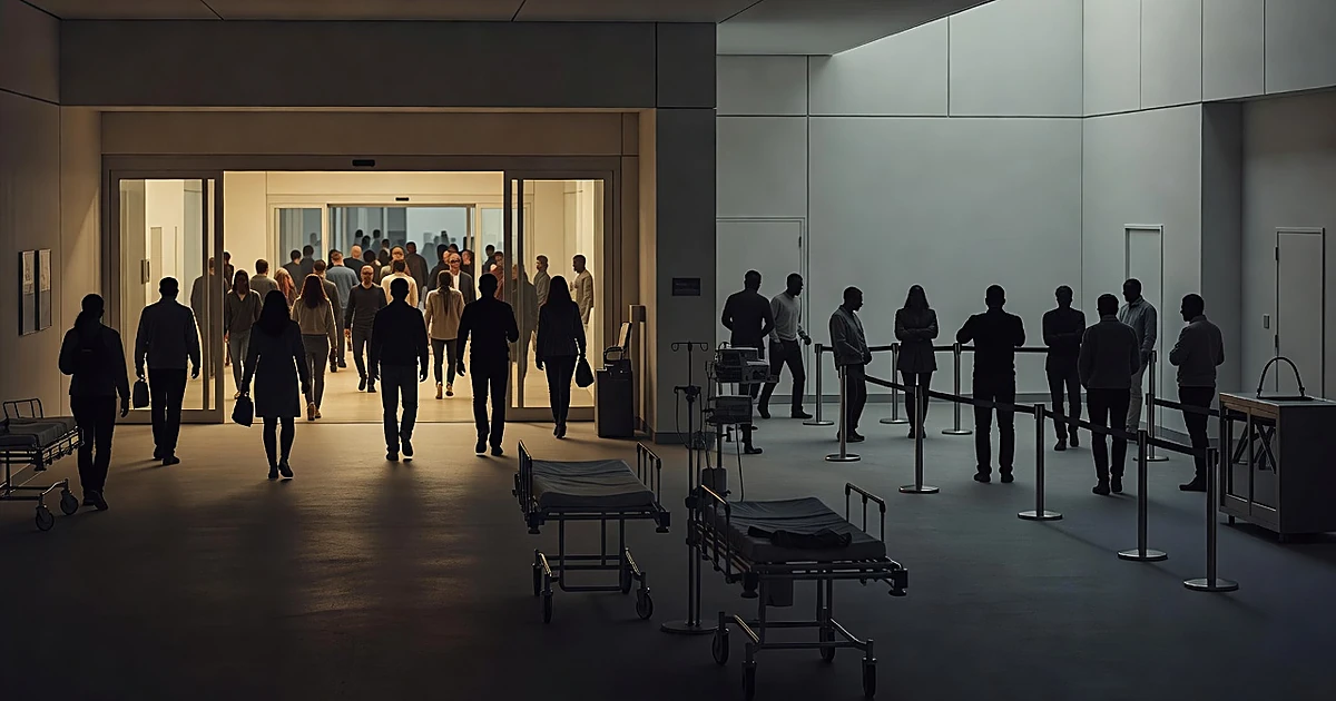 Hospital entrance with two pathways showing contrasting access, some silhouettes entering freely while others face barriers