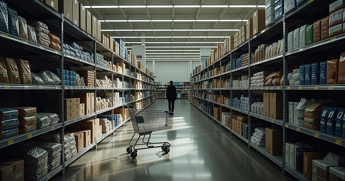 Silhouetted figure alone in brightly lit retail store aisle with abandoned shopping cart in foreground