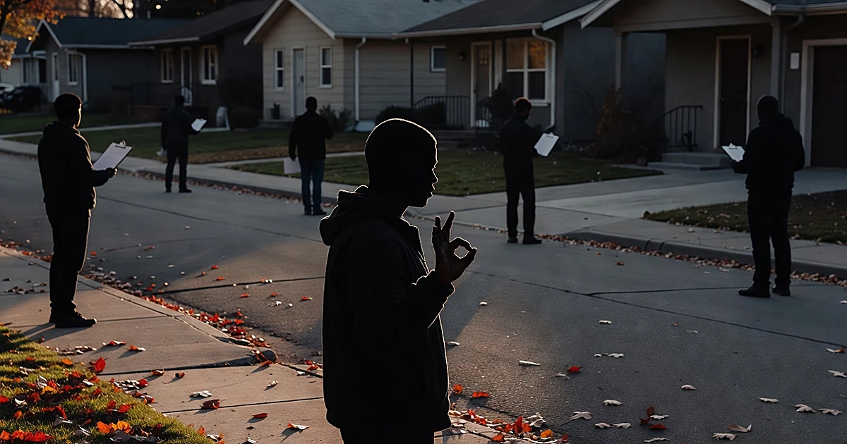 Silhouette of person making OK hand gesture on suburban street with other figures holding clipboards near houses