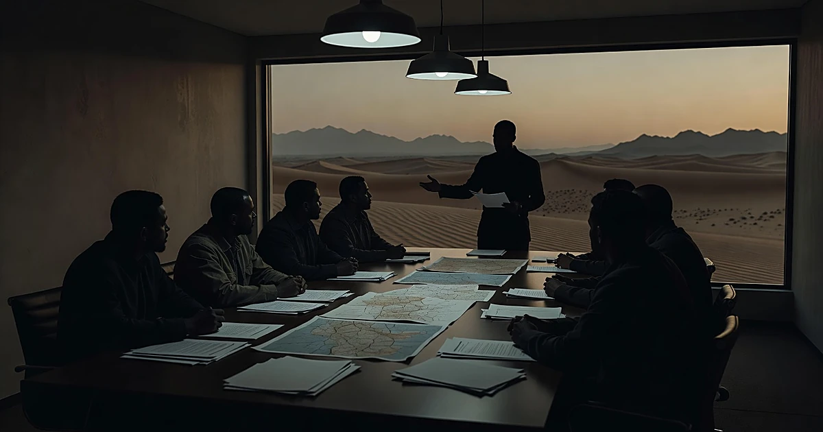 Silhouetted figures in briefing room with maps, desert landscape visible through window