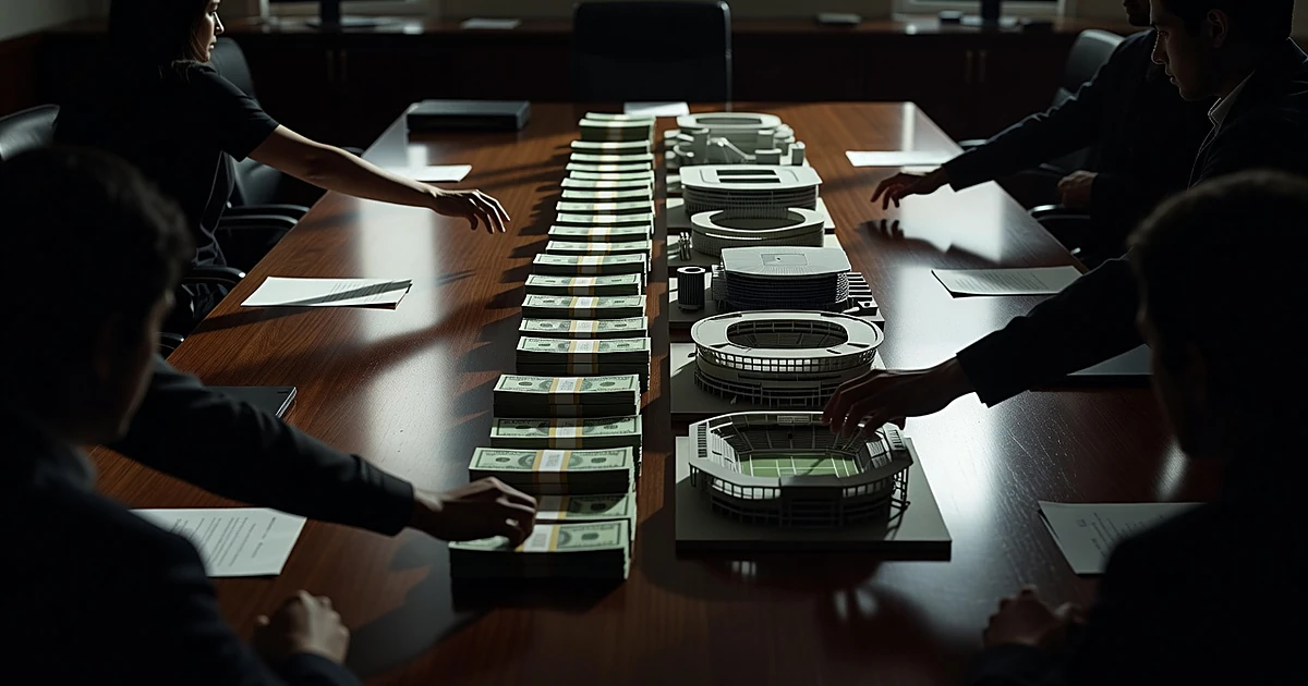 Overhead view of cash stacks and arena models on boardroom table with silhouetted hands reaching toward money