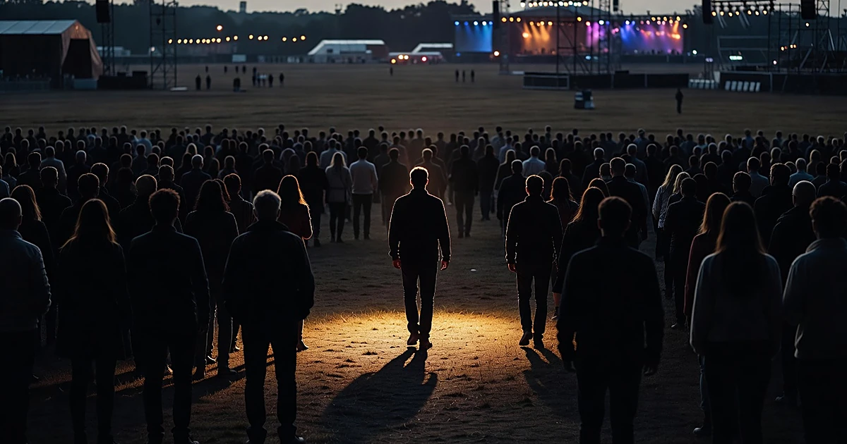 Silhouetted figure walking through crowd at outdoor music festival with colorful stage lighting
