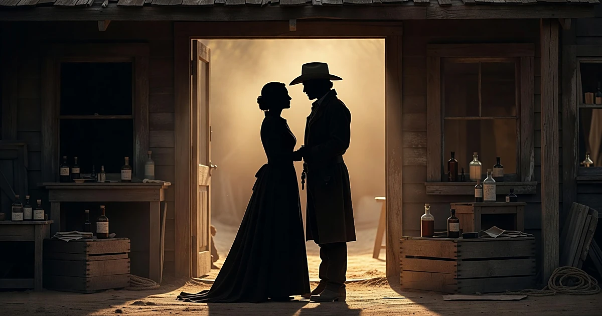 Two silhouetted figures in period costume stand close together on a Western frontier television set
