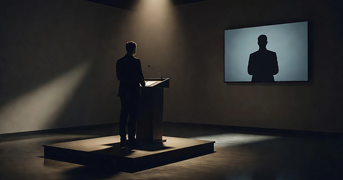 Silhouetted figure at podium with another silhouette visible on nearby television screen in dimly lit studio setting