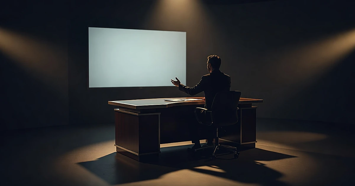 Silhouetted TV host at studio desk gesturing toward blank illuminated screen in dramatically lit broadcast setting
