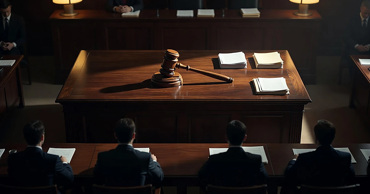 Overhead view of courtroom bench with gavel and papers, silhouetted figures seated below in dramatic lighting