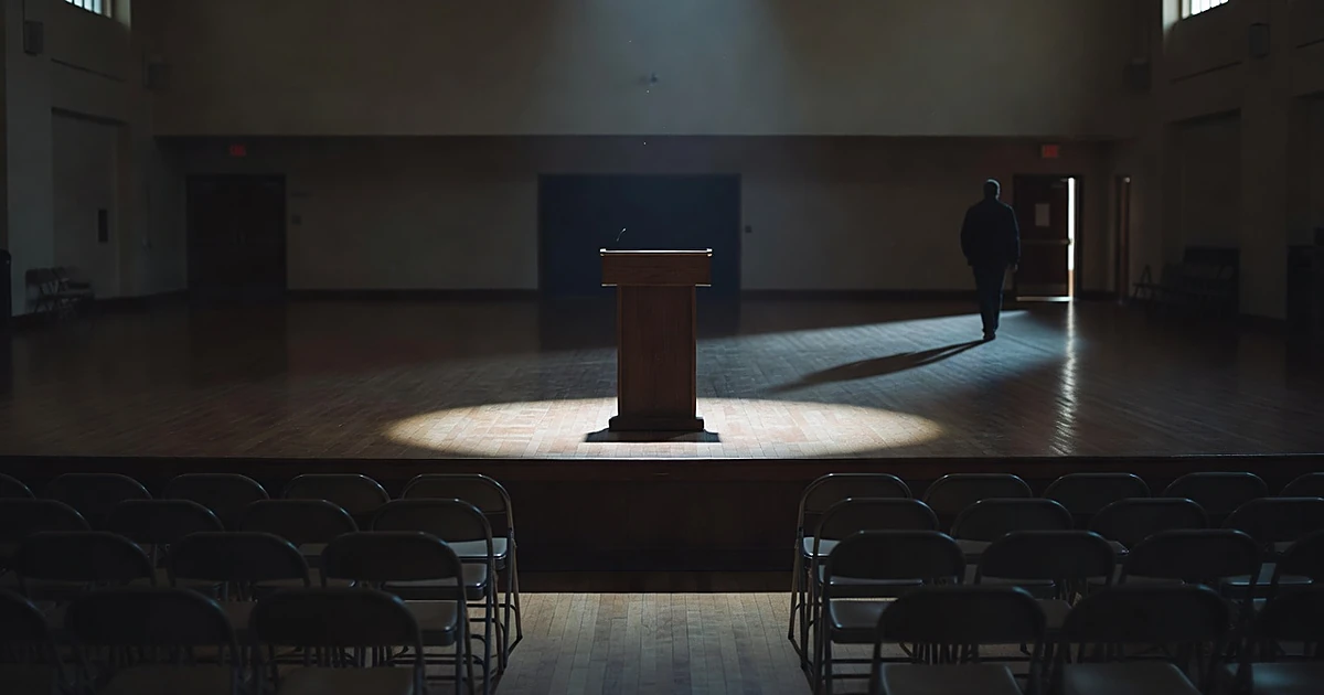 Empty podium on stage with vacant chairs and lone silhouette walking away in dim venue