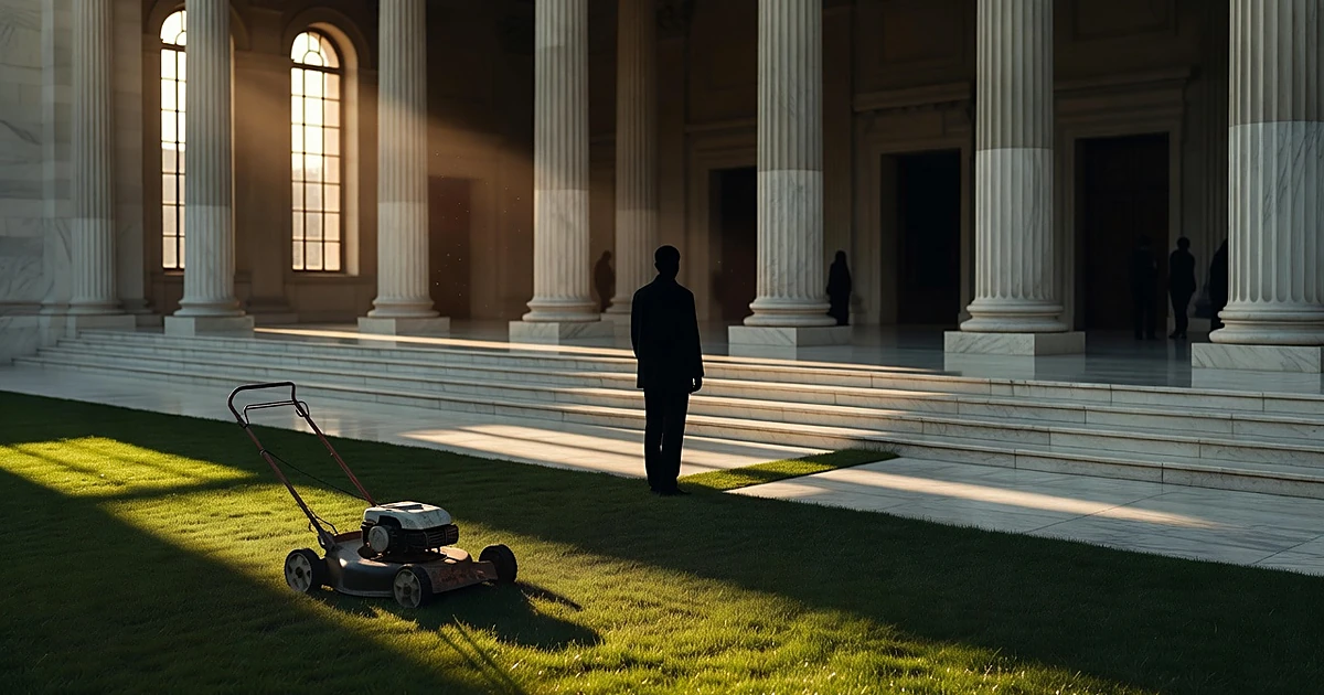 Silhouette at crossroads between lawn mower on grass and marble government building columns