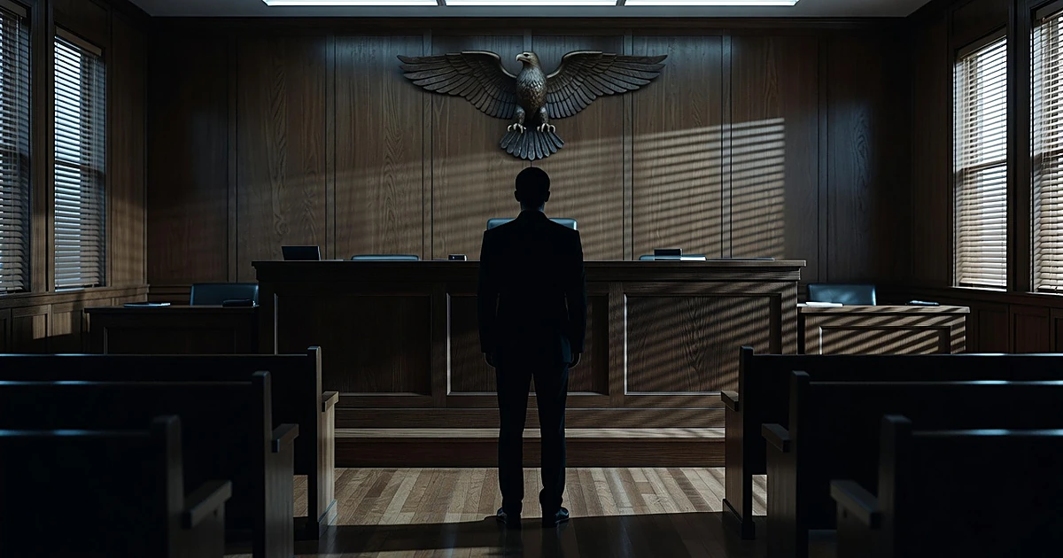 Silhouetted person stands in empty immigration courtroom facing judge's bench with eagle sculpture on wall
