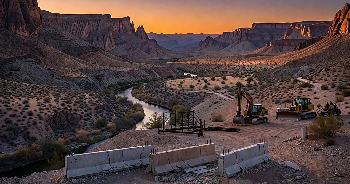 Incomplete border barrier segments stand abandoned in Big Bend desert landscape with canyon walls and river valley