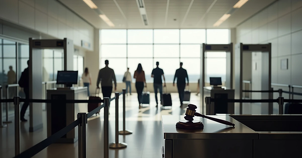 Judge's gavel in airport terminal with security checkpoint and traveler silhouettes in background