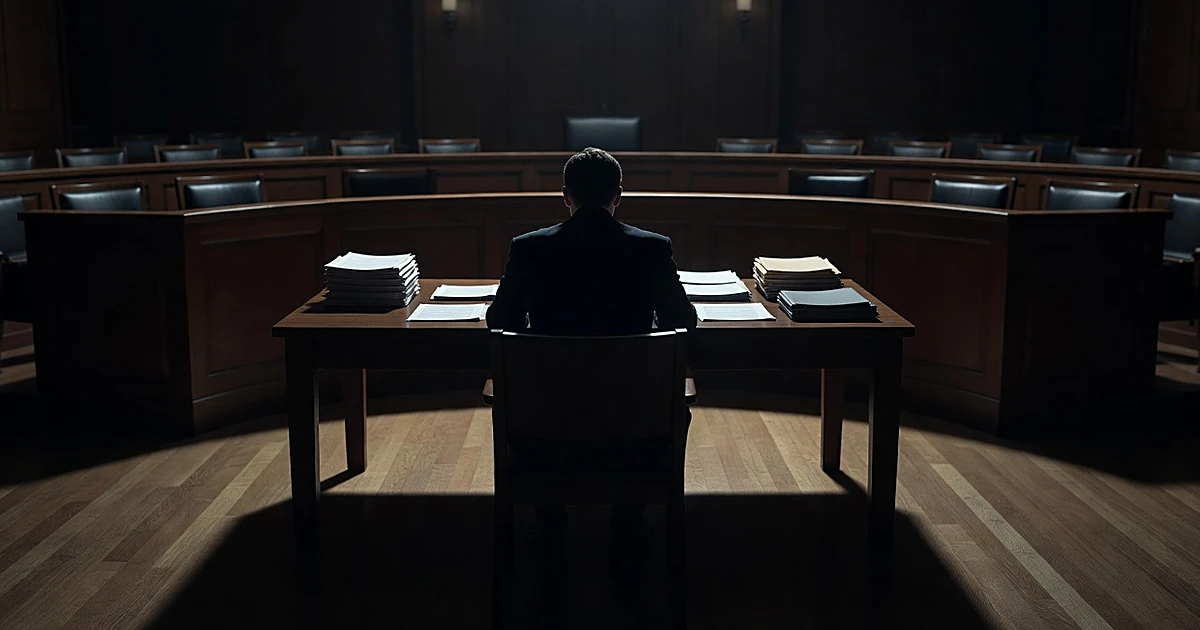 Silhouetted witness at table before empty jury box in dark courtroom with documents