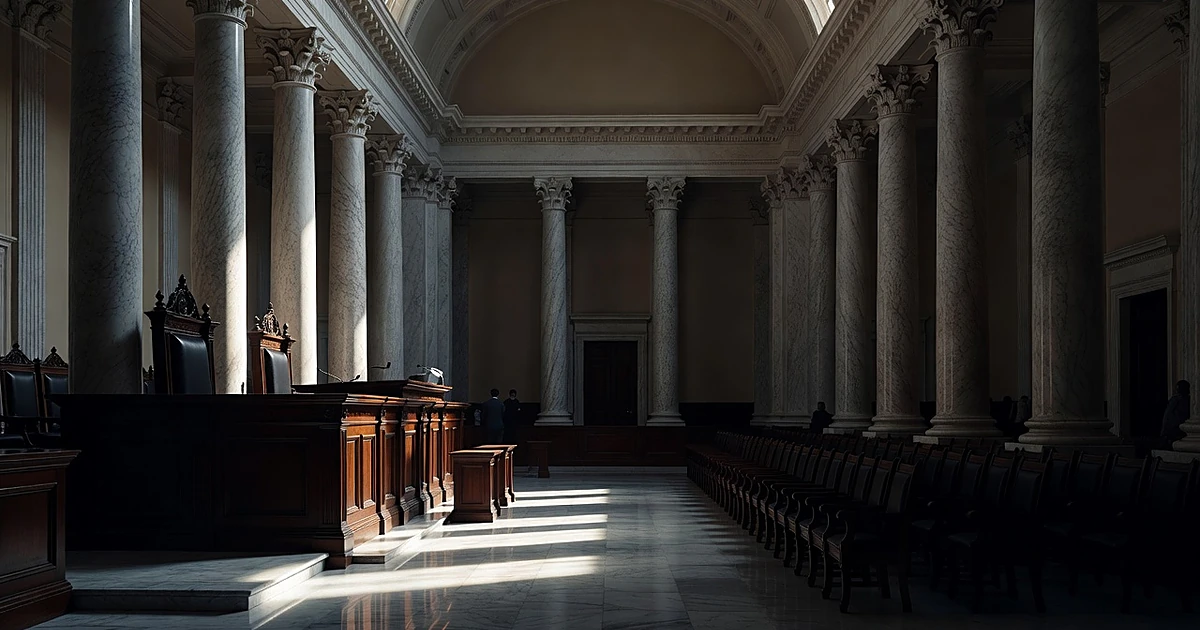 Courthouse interior with marble columns casting shadows, showing divided lighting between judicial bench and gallery