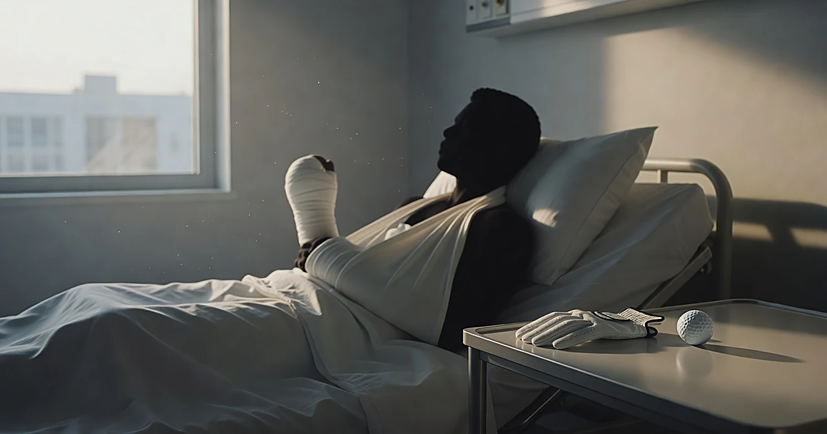 Hospital room with silhouetted patient in arm cast and sling, golf equipment resting nearby on surface