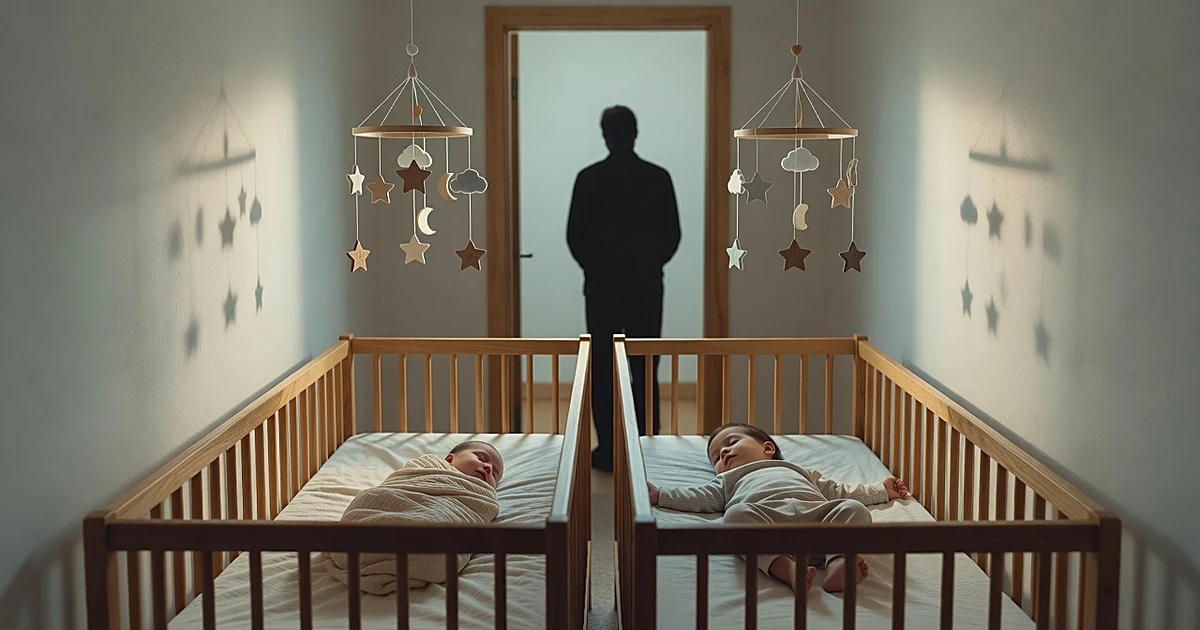 Two wooden cribs in a sunlit nursery with sleeping infants and a silhouetted figure in the doorway