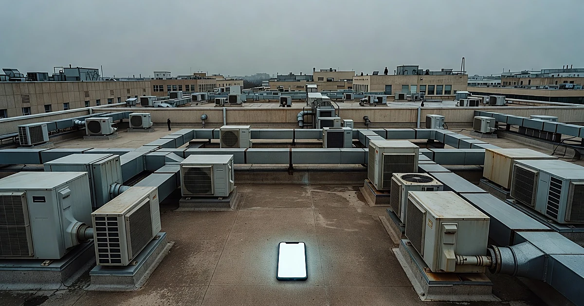 Smartphone on urban rooftop with commercial buildings visible in background under overcast sky
