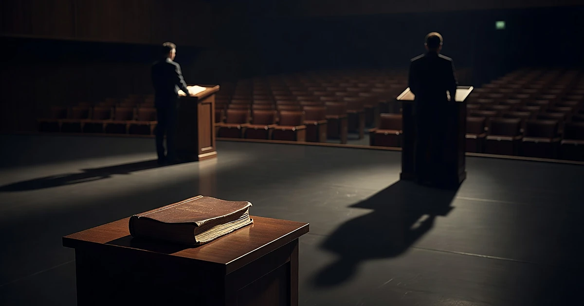 Bible on podium in foreground with two distant silhouetted figures at separate podiums in shadowy auditorium