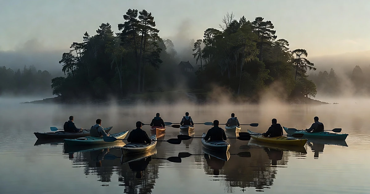 Kayakers in silhouette face a distant island home from the water, creating a protest flotilla
