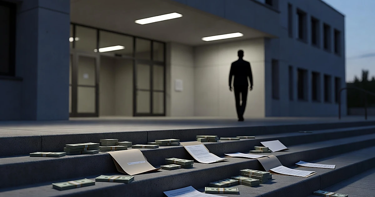 Silhouetted figure leaving municipal building with scattered cash and blank documents on steps