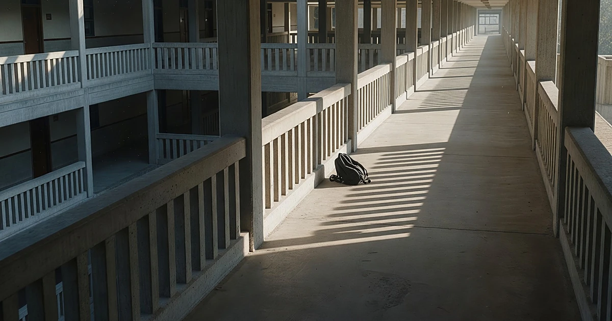 Empty multi-story school hallway with abandoned backpack near railing, viewed from above showing multiple floors