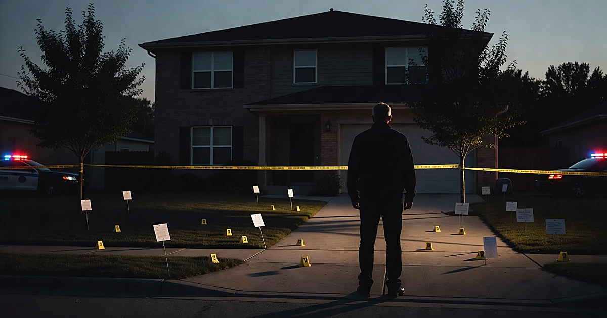 Silhouetted figure facing suburban house with crime scene tape and evidence markers at dusk
