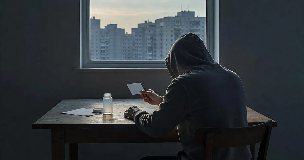 Person from behind at table holding blank card with empty medicine bottle, conveying loss of medical coverage