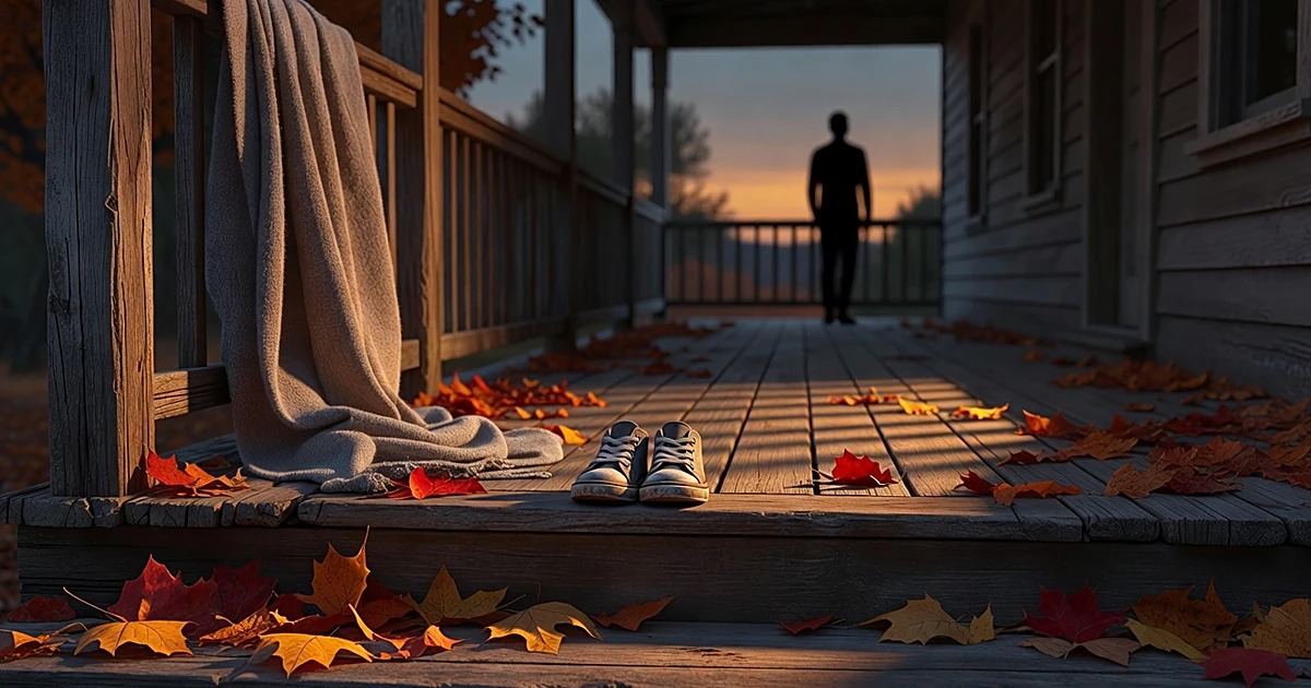 Empty children's shoes on porch steps with autumn leaves and silhouette in background at sunset